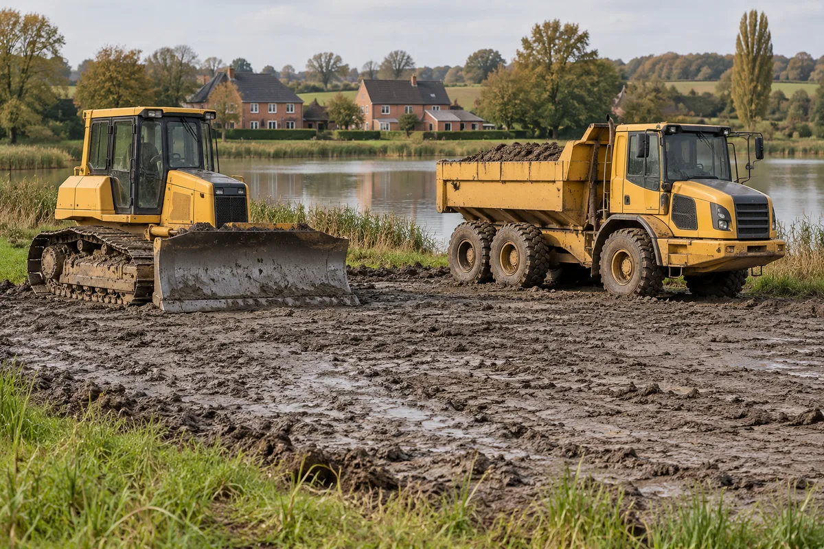 Engins de curage sur la berge d'un étang en Hainaut