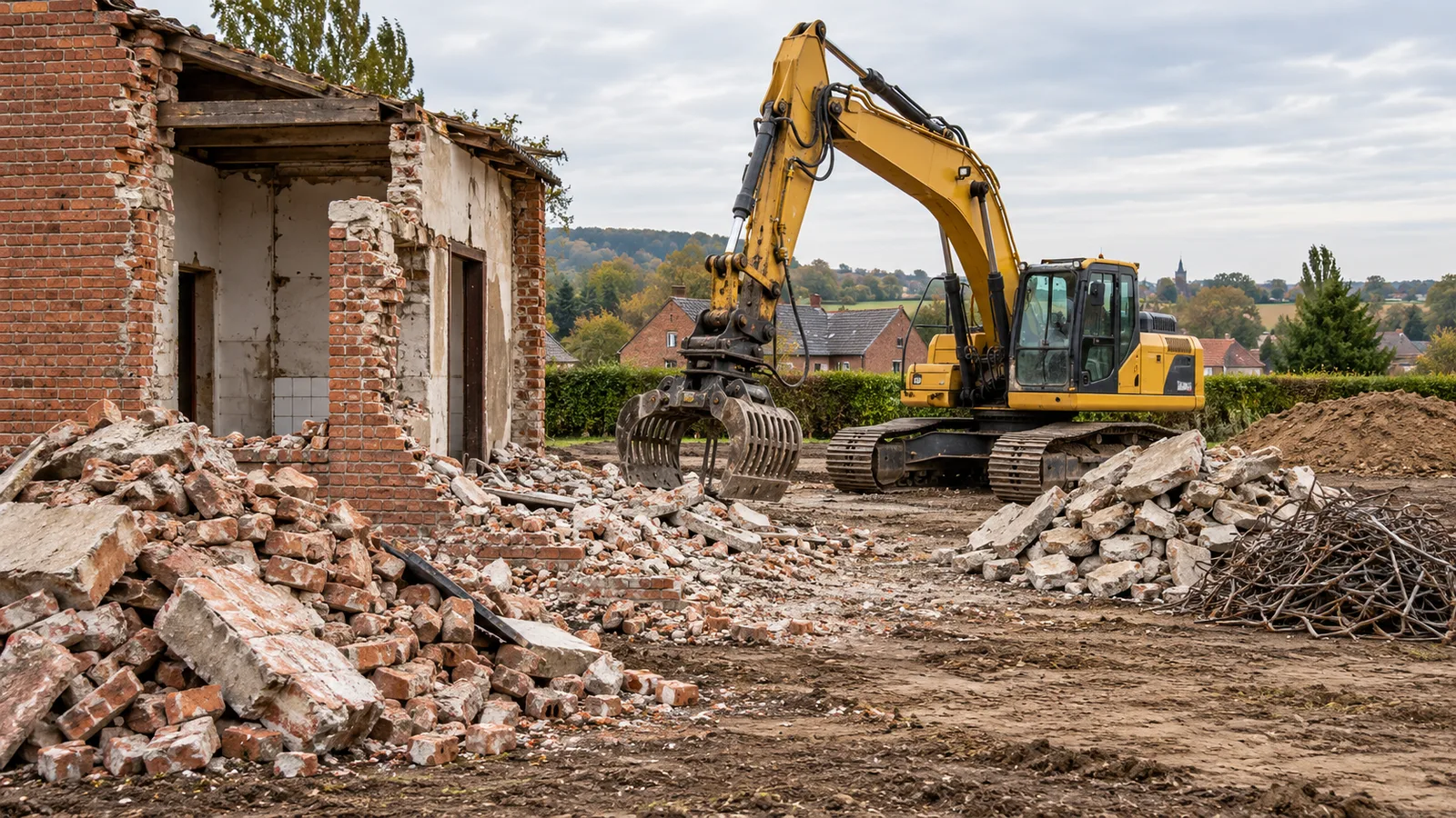 Annexe en briques en cours de démolition contrôlée, gravats triés