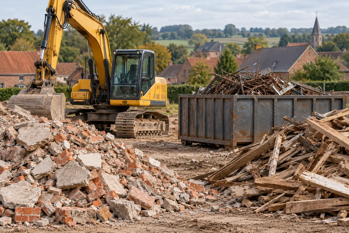 Tas de gravats, bois et ferraille triés sur un chantier de démolition