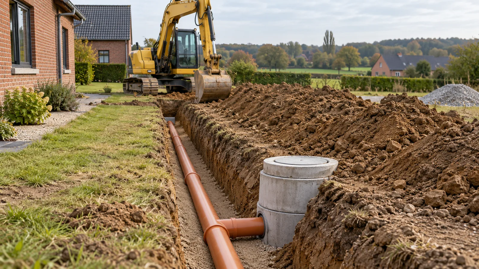 Tranchée d'égouttage avec tuyau PVC orange et regard en béton