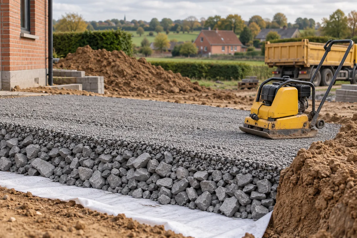 Couches d'un empierrement : géotextile, empierrement grossier et gravier fin