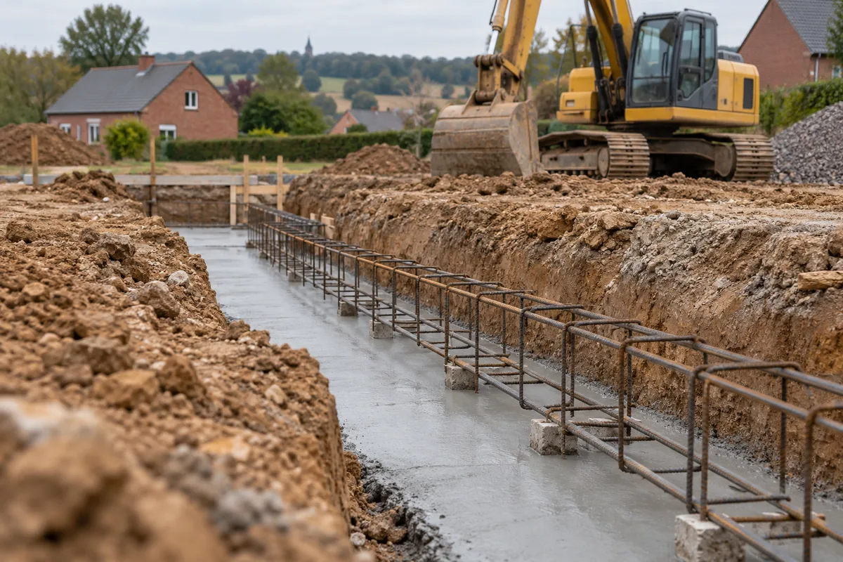 Béton de propreté coulé au fond d'une rigole, armatures en attente