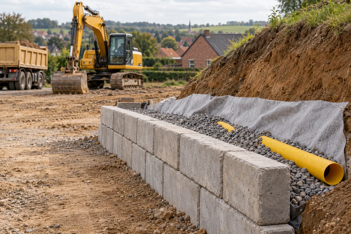 Pied de talus avec mur de soutènement en blocs béton et drain