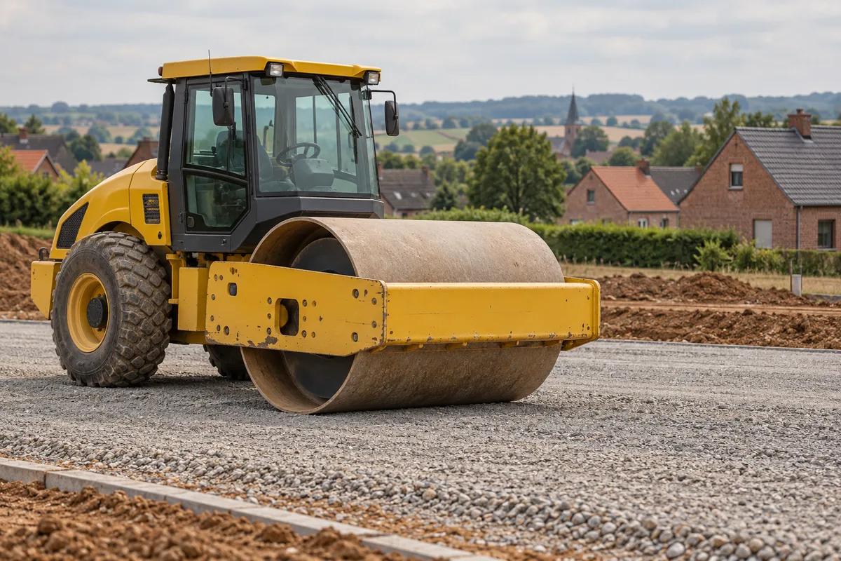 Rouleau compacteur sur une plateforme en gravier compacté