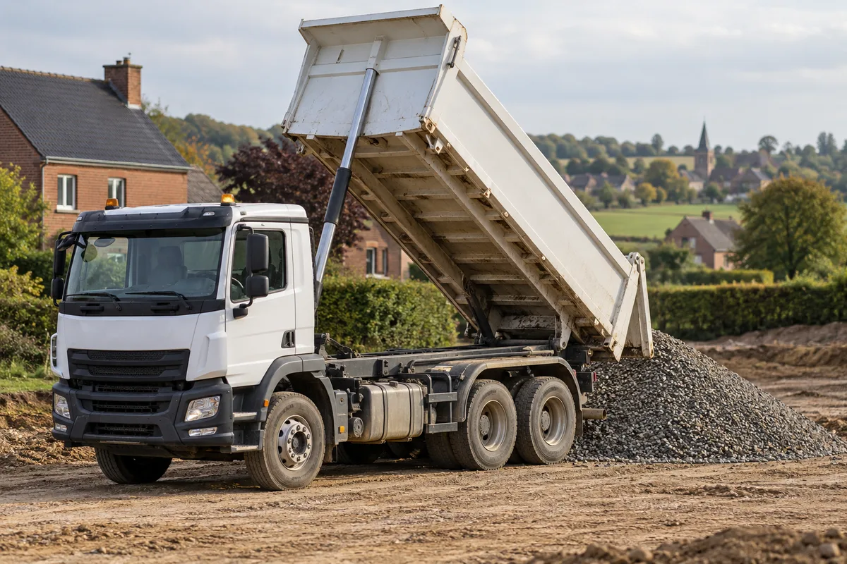 Camion benne relevée après déchargement d'un tas de gravier